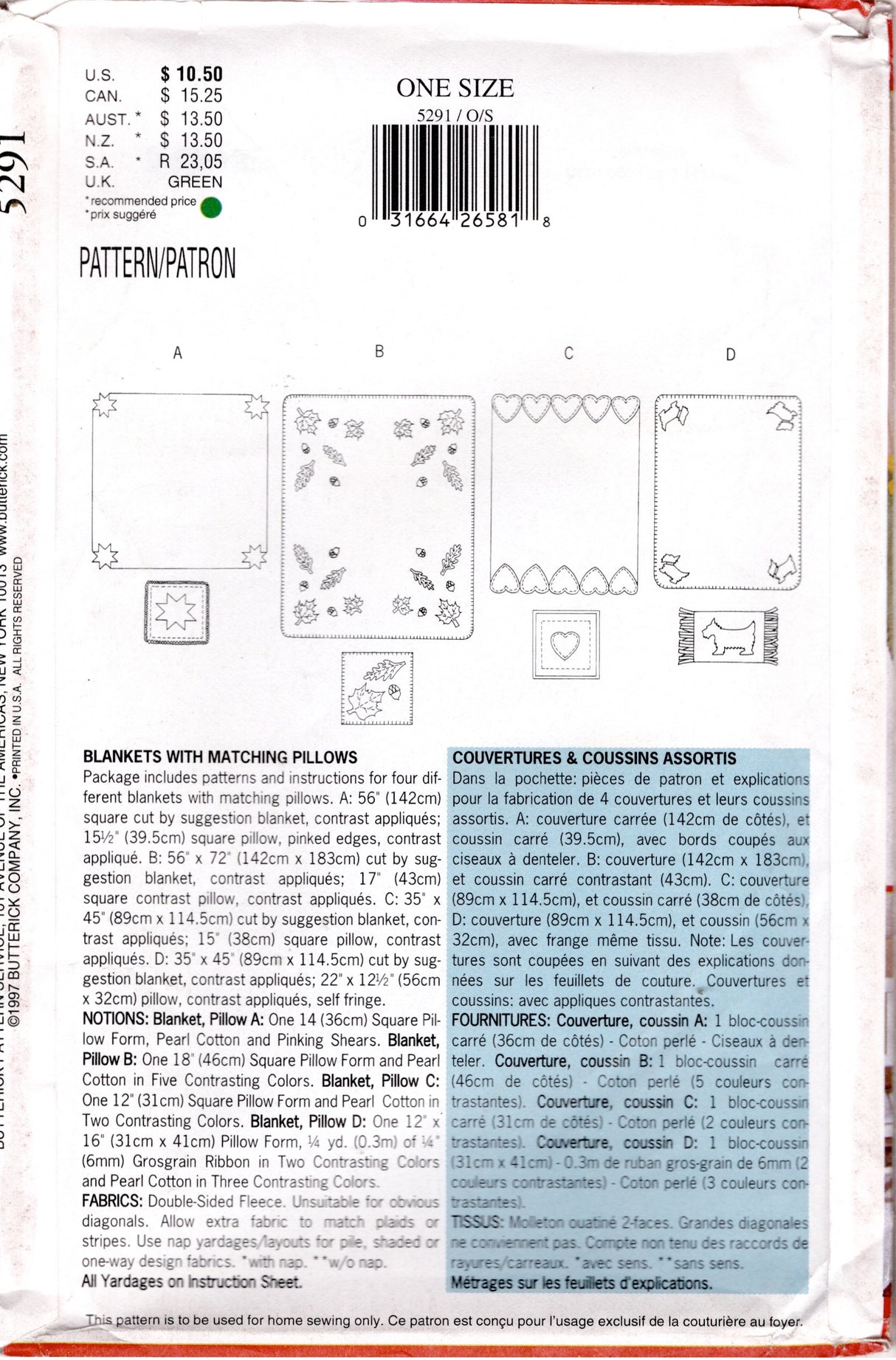 1990's Butterick Blankets with matching Pillows pattern - UC/FF -  No. 5291