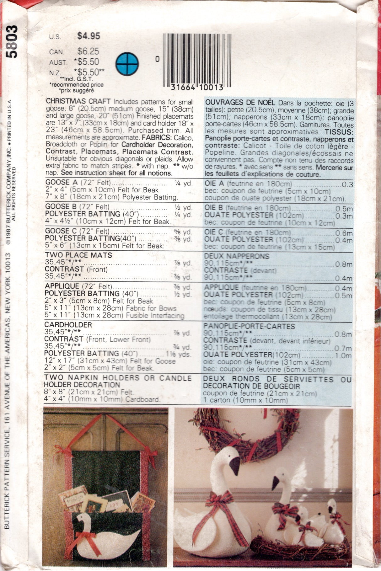 1980's Butterick Christmas Geese Crafts pattern - UC/FF -  No. 5803