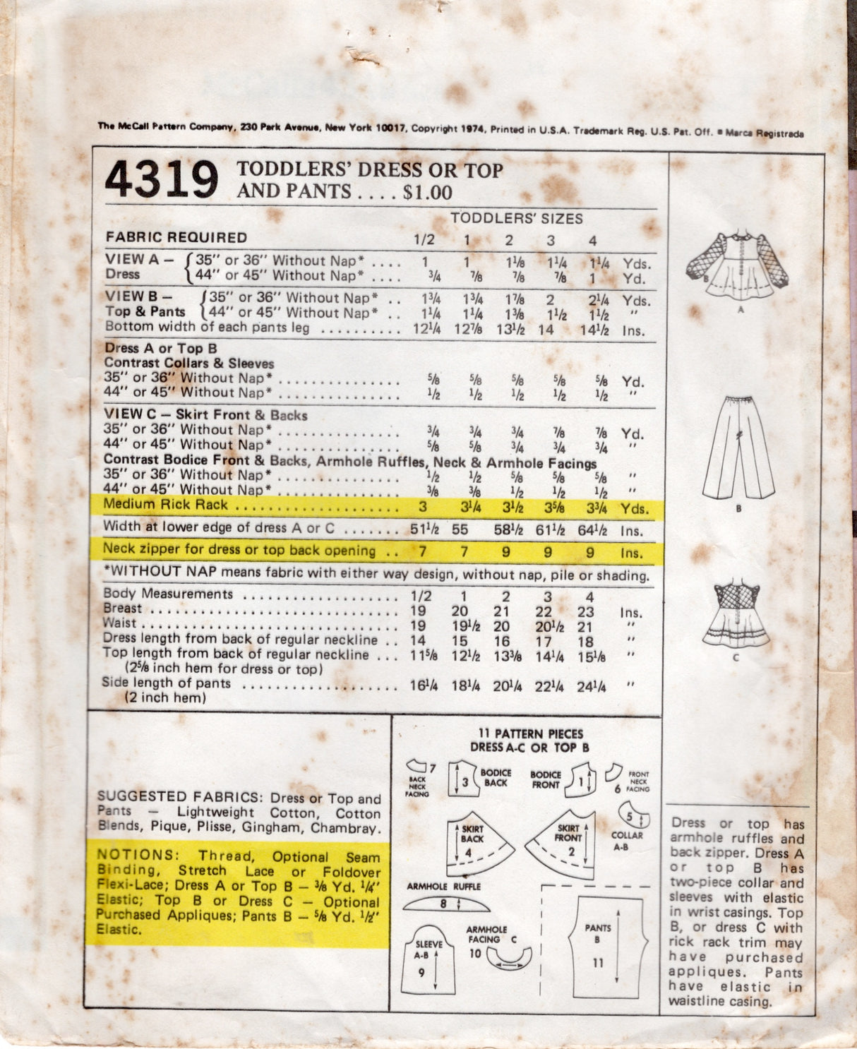 1970's McCall's Child's Yoked Dress or Top and Pants pattern - Chest 19" - No. 4319