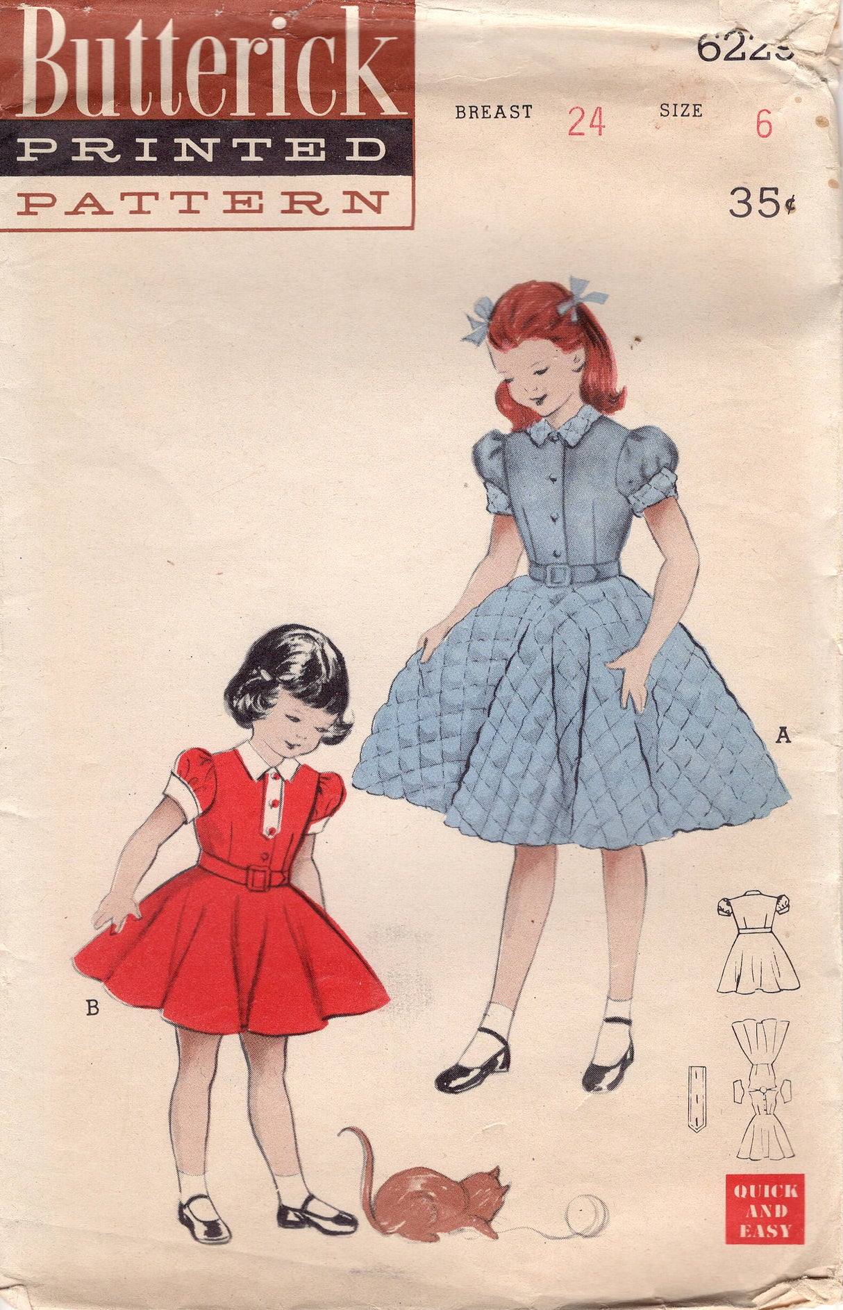 1950's Butterick Child's Shirtwaist Fit and Flare Dress Pattern with Puff Sleeves - Chest 24" - No. 6229