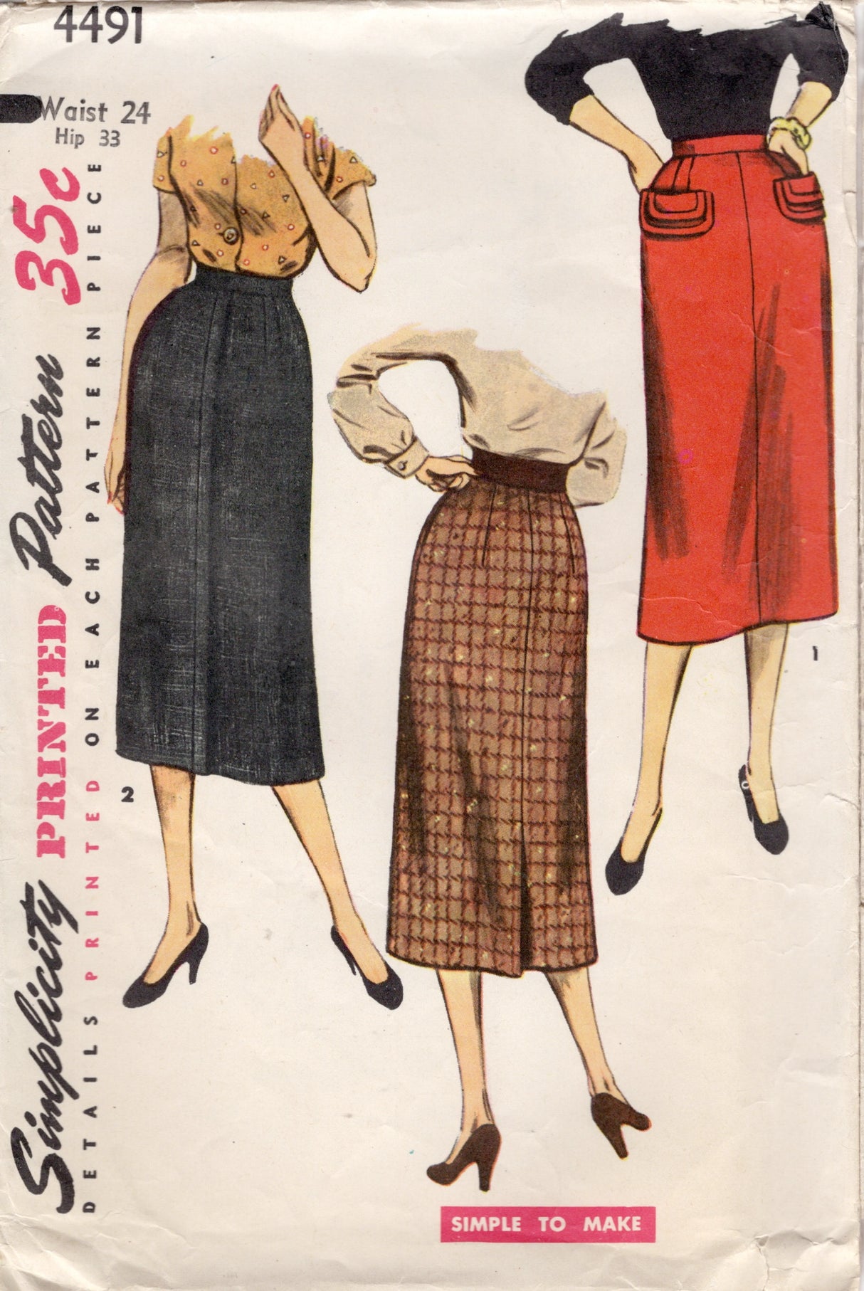 1950’s Simplicity Slim Skirt Pattern- Waist 24" - No. 4491