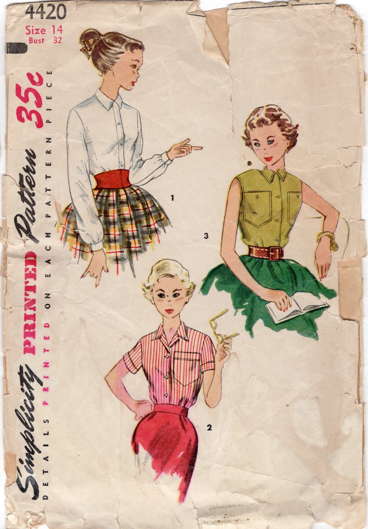 1950's Simplicity Button-up Blouse Pattern - Bust 32" - No. 4420