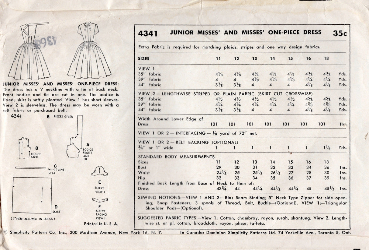 1950's Simplicity Back Tie Fit and Flare Dress Pattern - Bust 29" - No. 4341