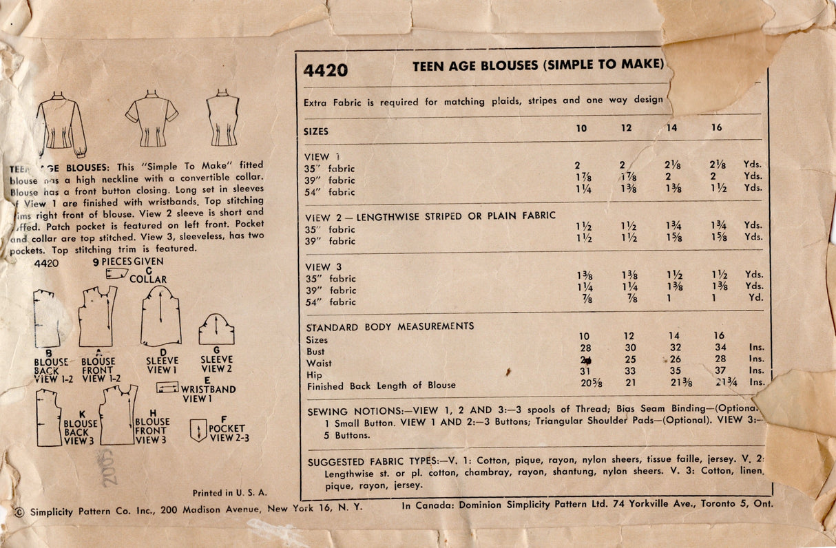 1950's Simplicity Button-up Blouse Pattern - Bust 32" - No. 4420