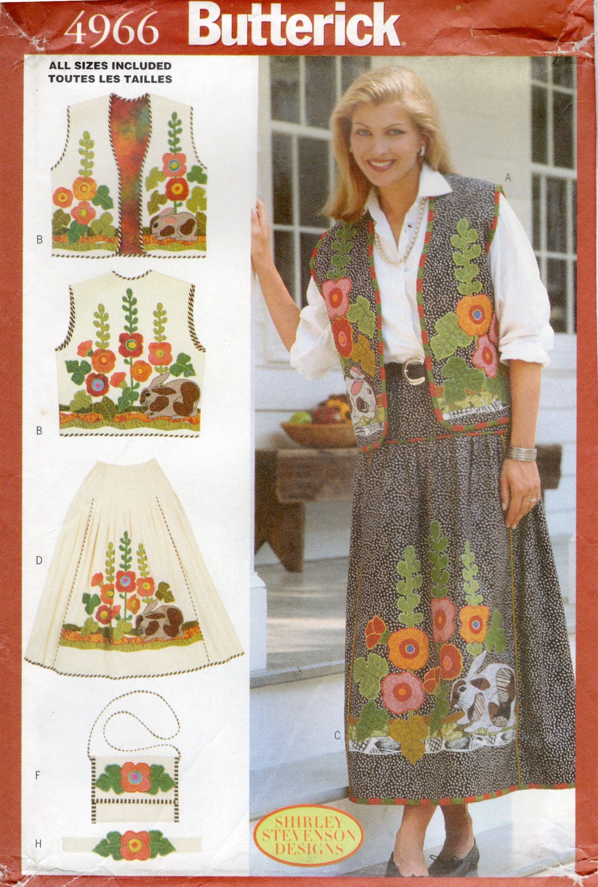 1990's Butterick "Hollyhocks and Hares" Applique Vest, Skirt, Skirt, Bag and Belt Pattern - Bust 31.5-38" - No. 4966