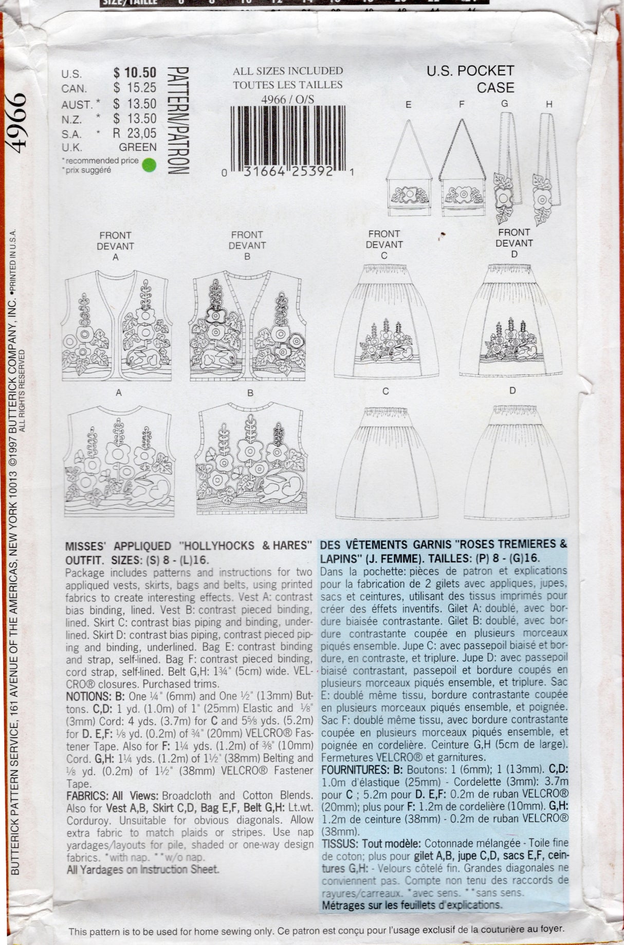 1990's Butterick "Hollyhocks and Hares" Applique Vest, Skirt, Skirt, Bag and Belt Pattern - Bust 31.5-38" - No. 4966