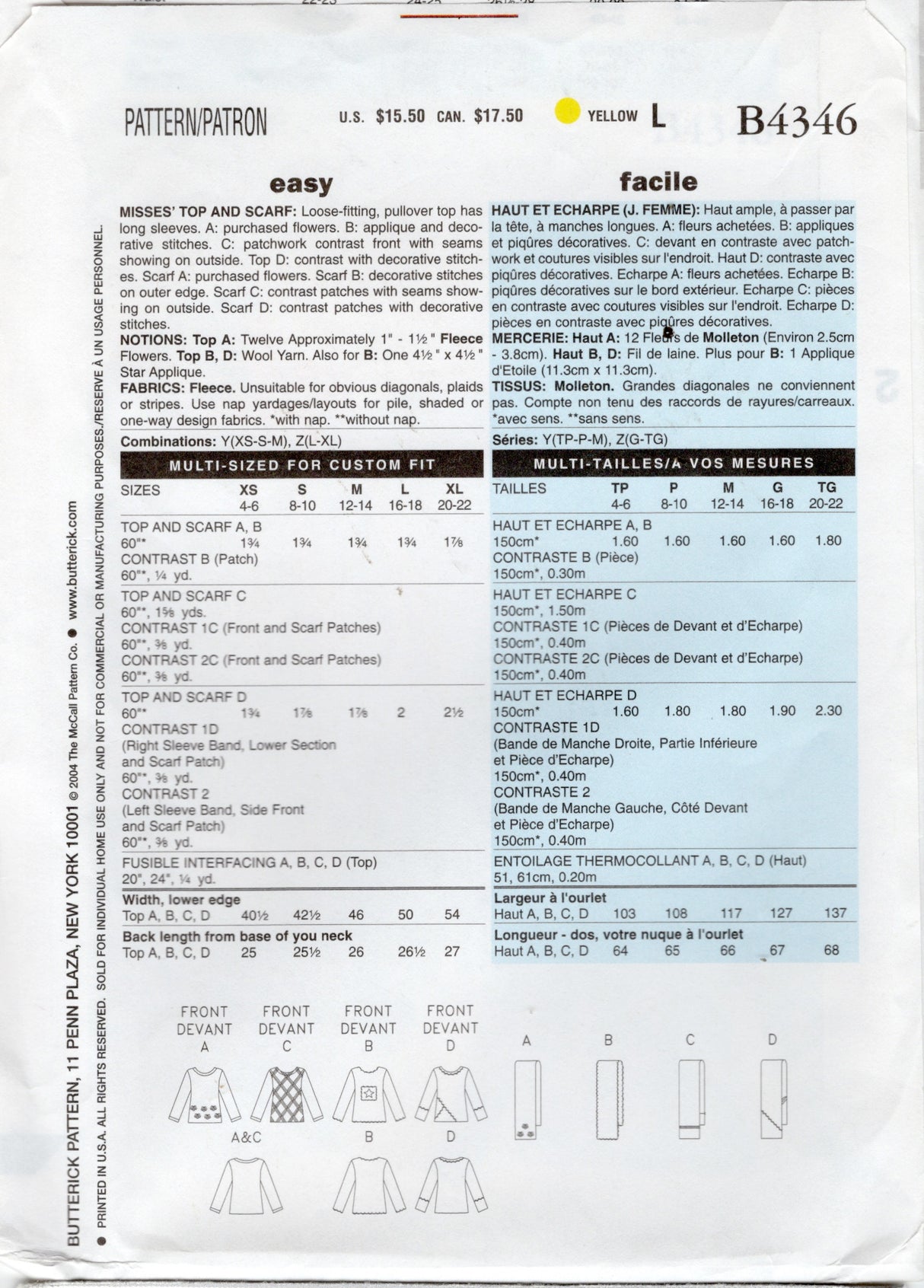 2000's Butterick Pullover Top and Scarf Pattern - Bust 29.5-36" - No. 4346