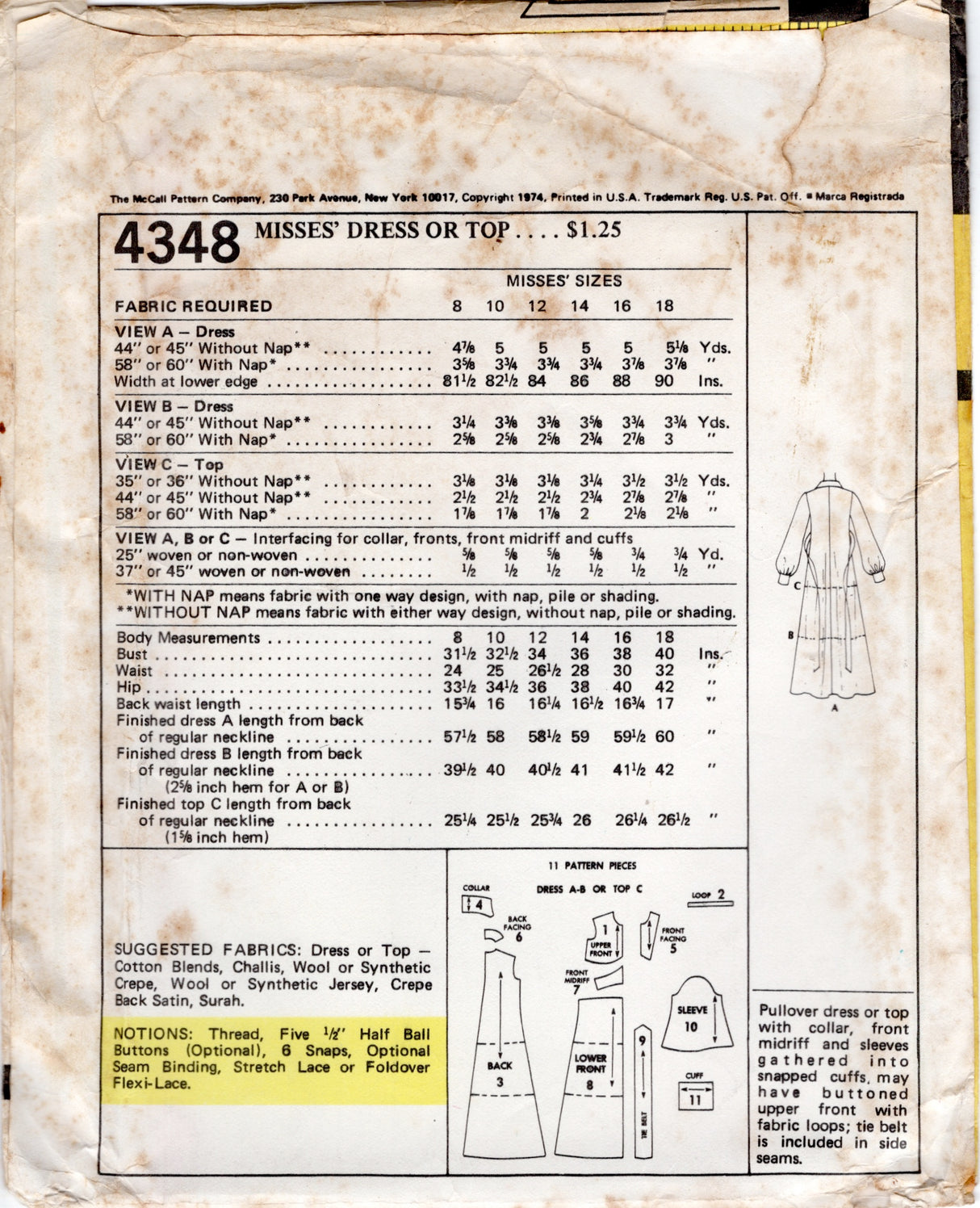 1970's McCall's Shirtwaist Dress or Top Pattern - Bust 31.5-34" - No. 4348