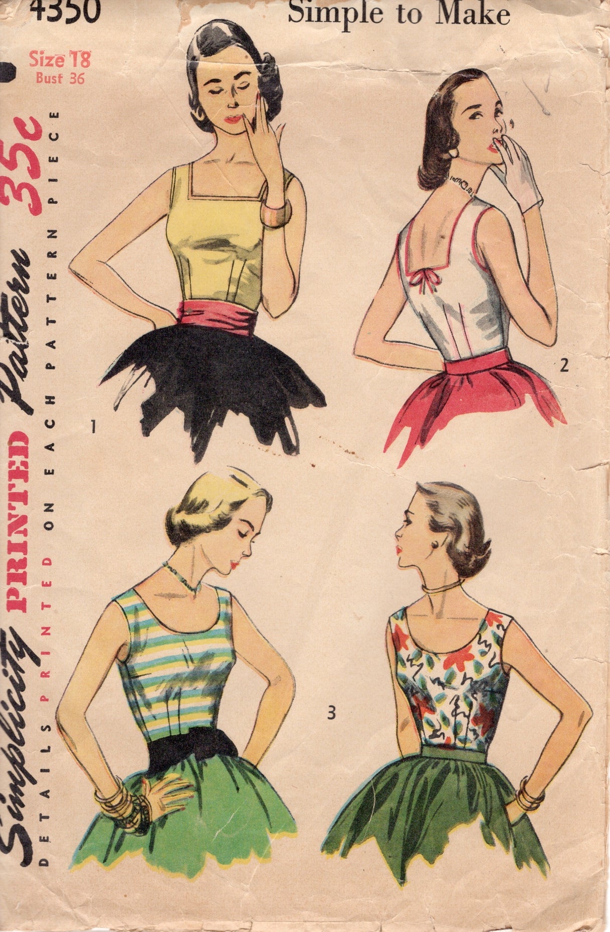 1950's Simplicity Square or Scoop Neck Blouse Pattern with Low Back - Bust 36" - No. 4350