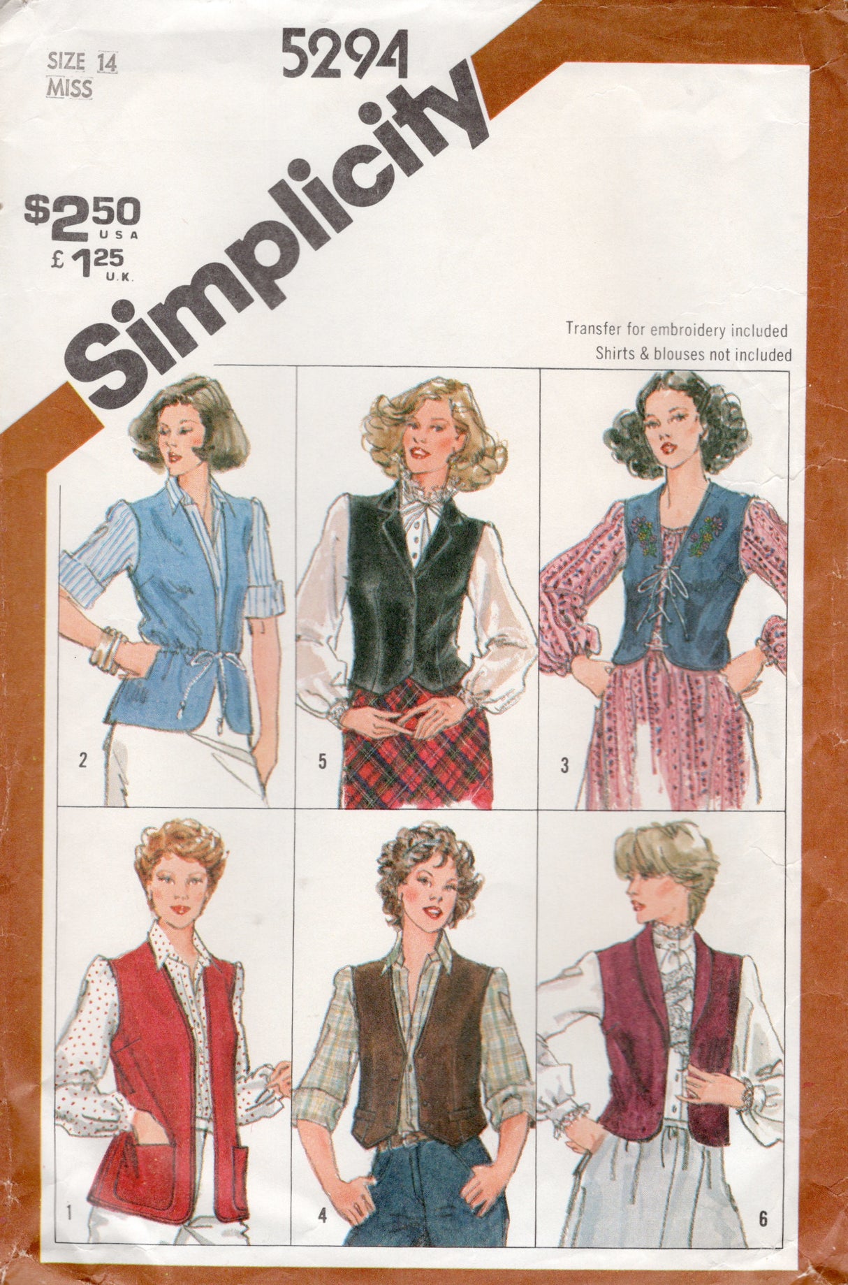 1980's Simplicity Set of Lined and Unlined Vests - Bust 36" - No. 5294