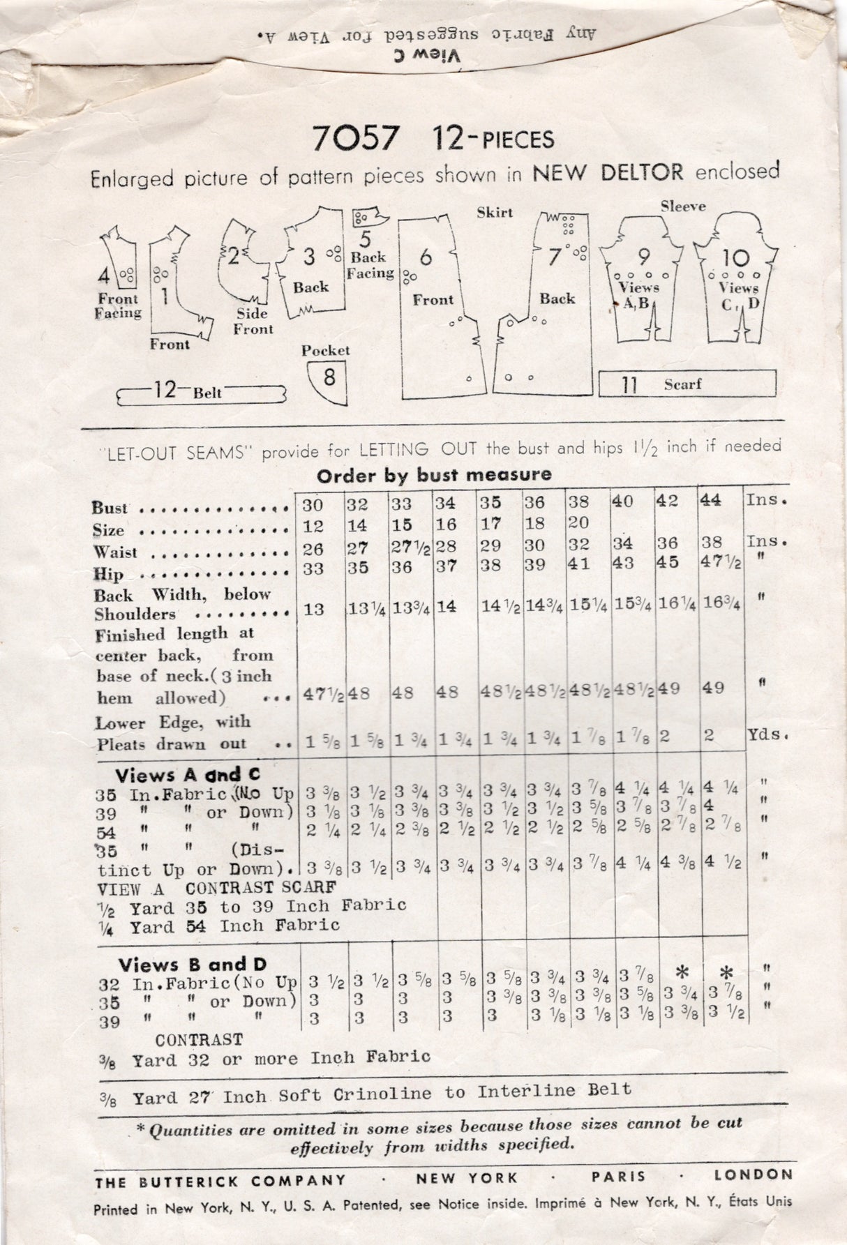 1930's Butterick Yoked Dress with Slim Skirt Pattern - Bust 36" - No. 7057