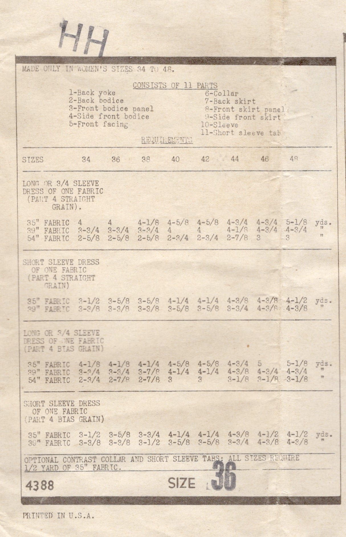 1940's Anne Adams One Piece Button Up Dress Pattern - Bust 36" - No. 4388