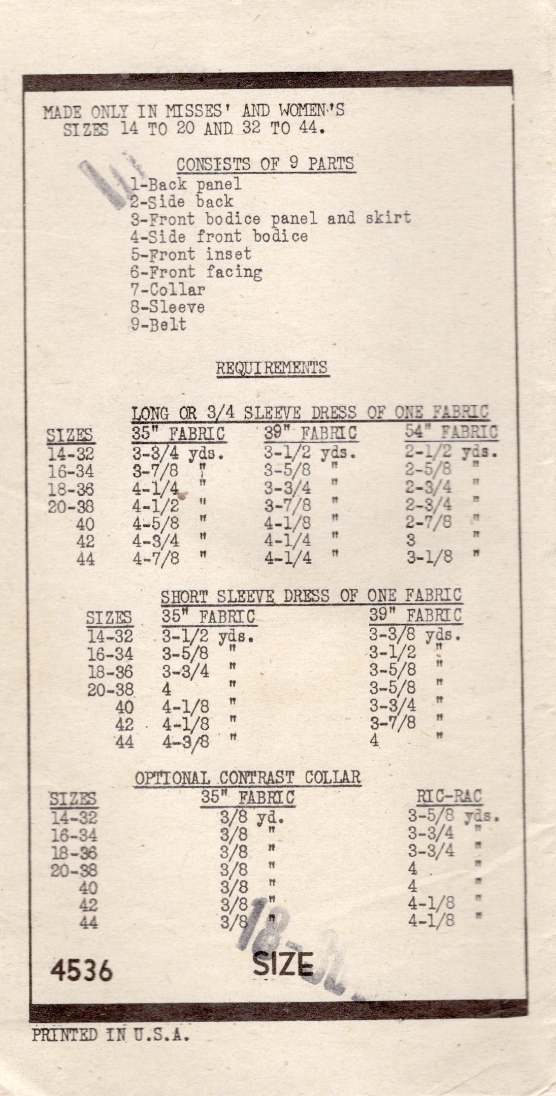 1940's Mail Order One Piece Surplice Dress Pattern - Bust 36" - No. 4536