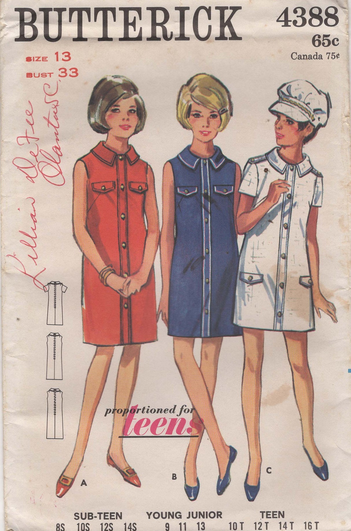 1960’s Butterick Straight Line Dress Pattern - Bust 33" - No. 4388