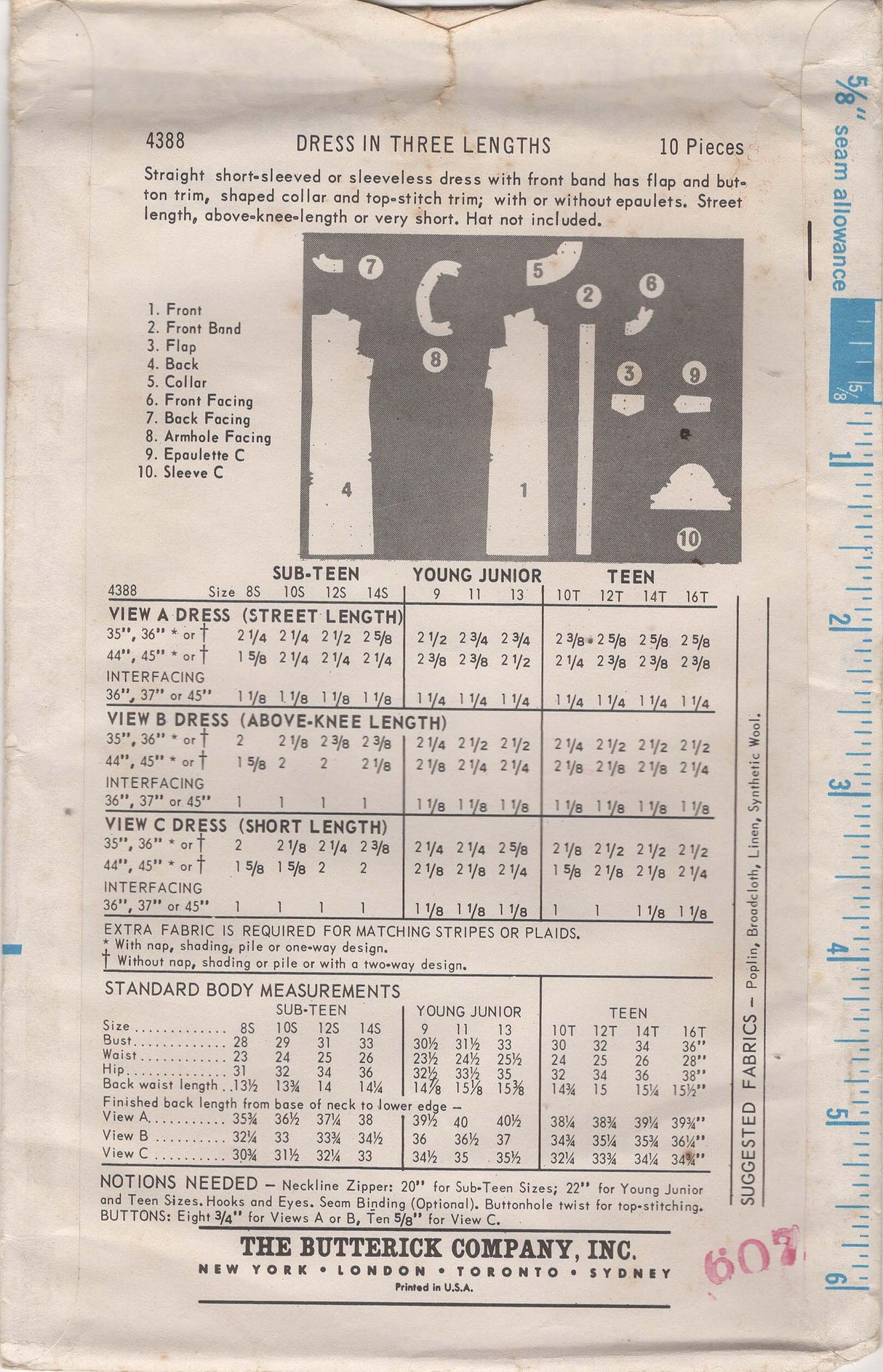 1960’s Butterick Straight Line Dress Pattern - Bust 33" - No. 4388