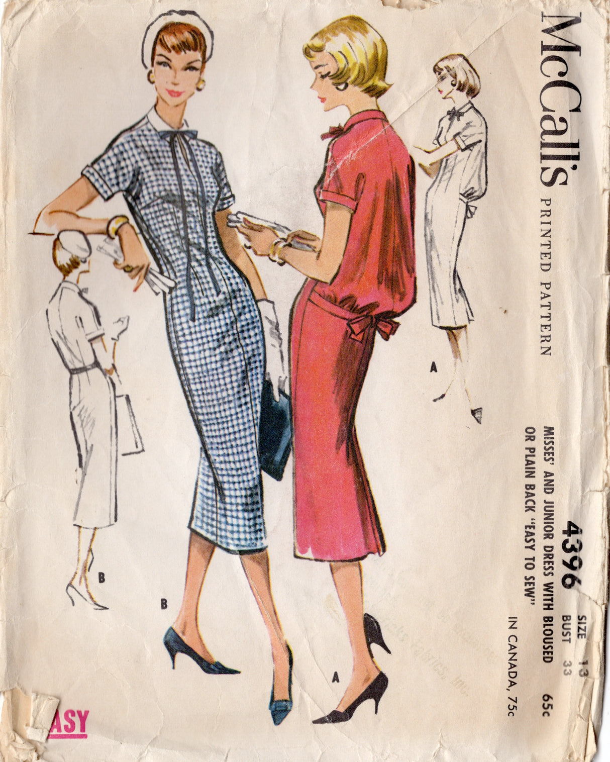 1950's McCall's Bloused Back Sheath Dress Pattern - Bust 33" - No. 4396