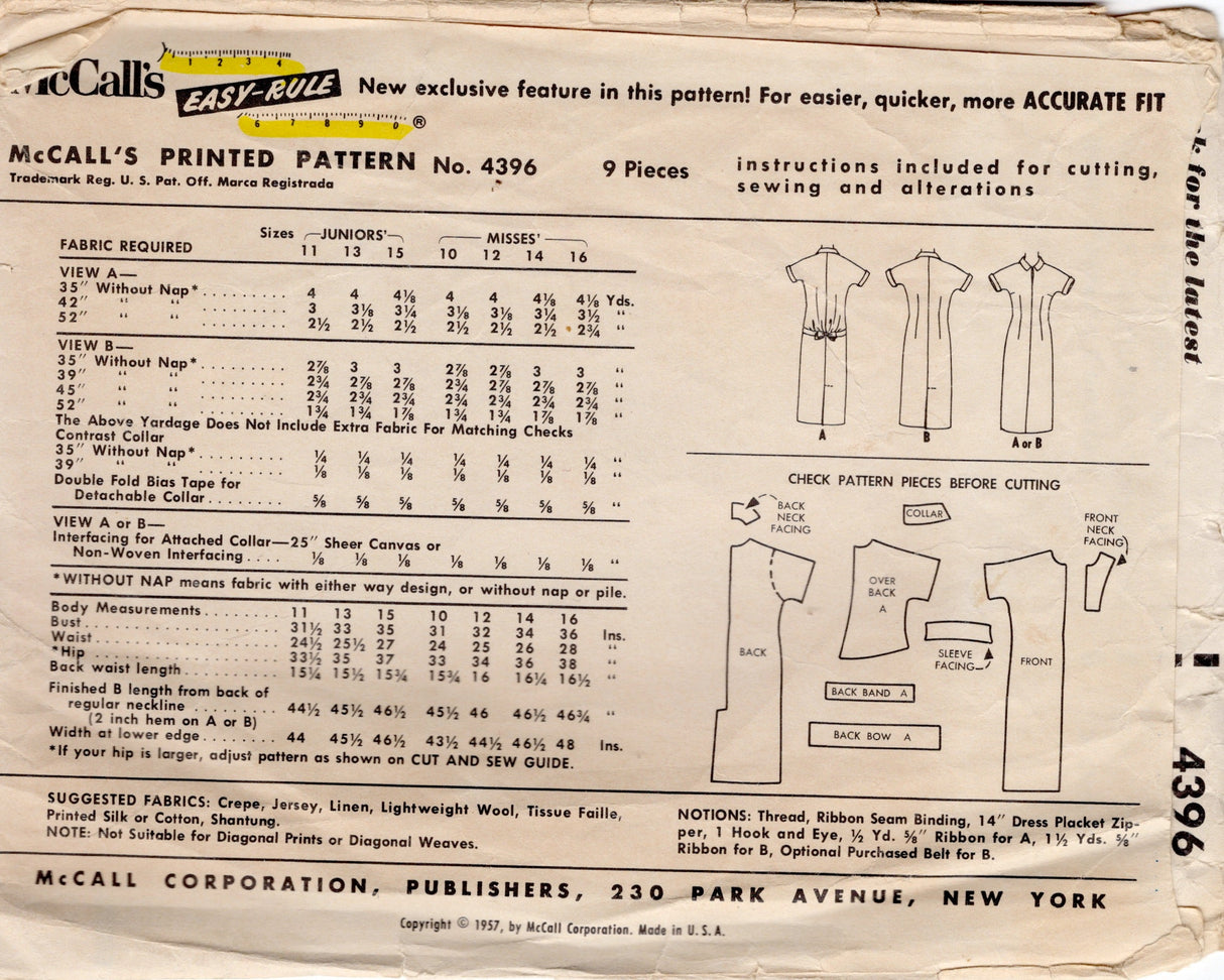 1950's McCall's Bloused Back Sheath Dress Pattern - Bust 33" - No. 4396