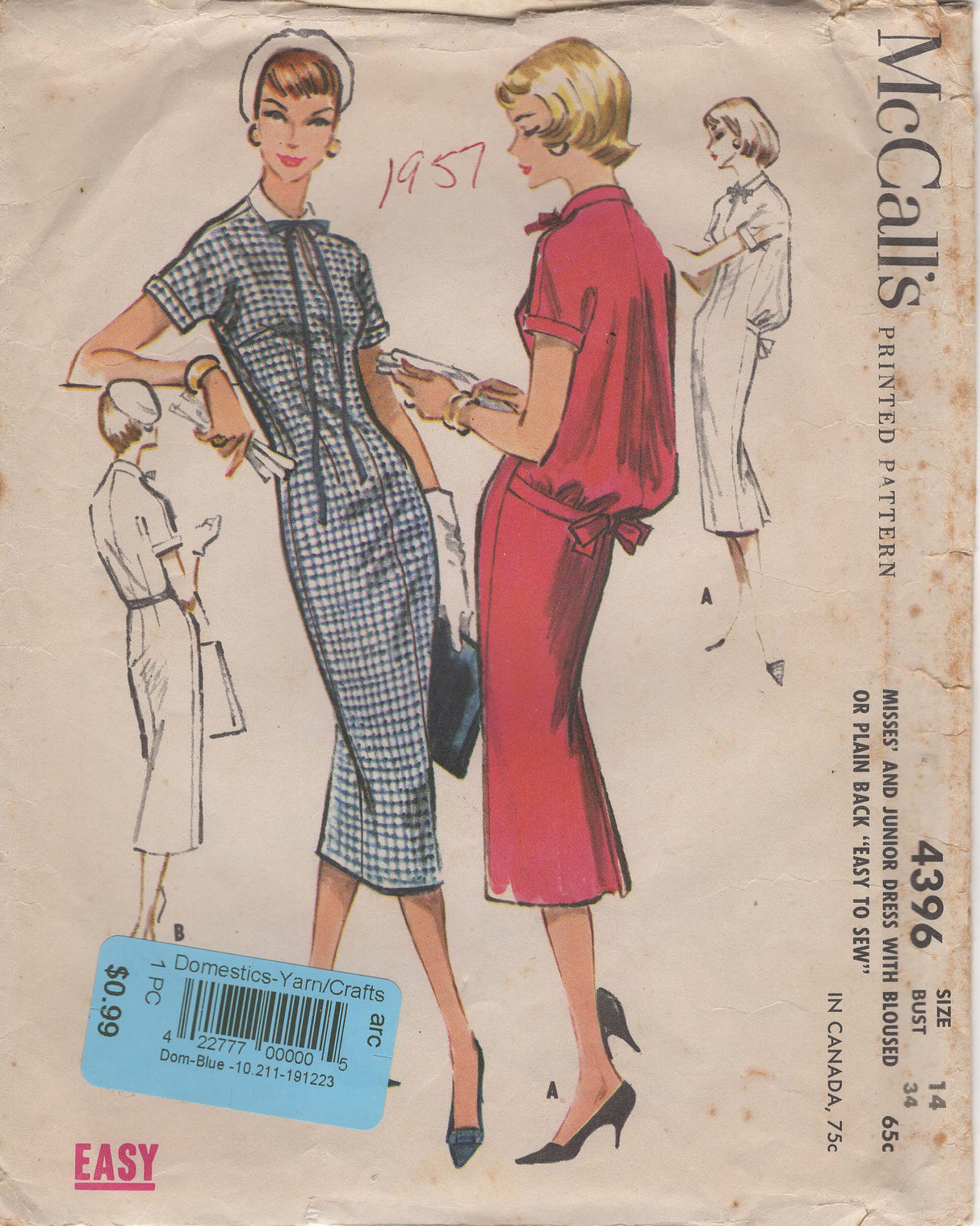1950's McCall's Bloused and Plain Back Dress Pattern - Bust 34" - No. 4396