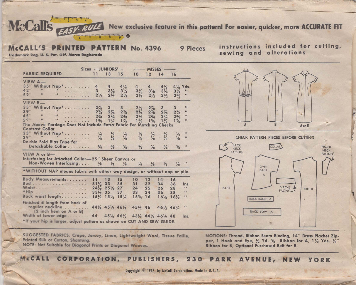 1950's McCall's Bloused and Plain Back Dress Pattern - Bust 34" - No. 4396