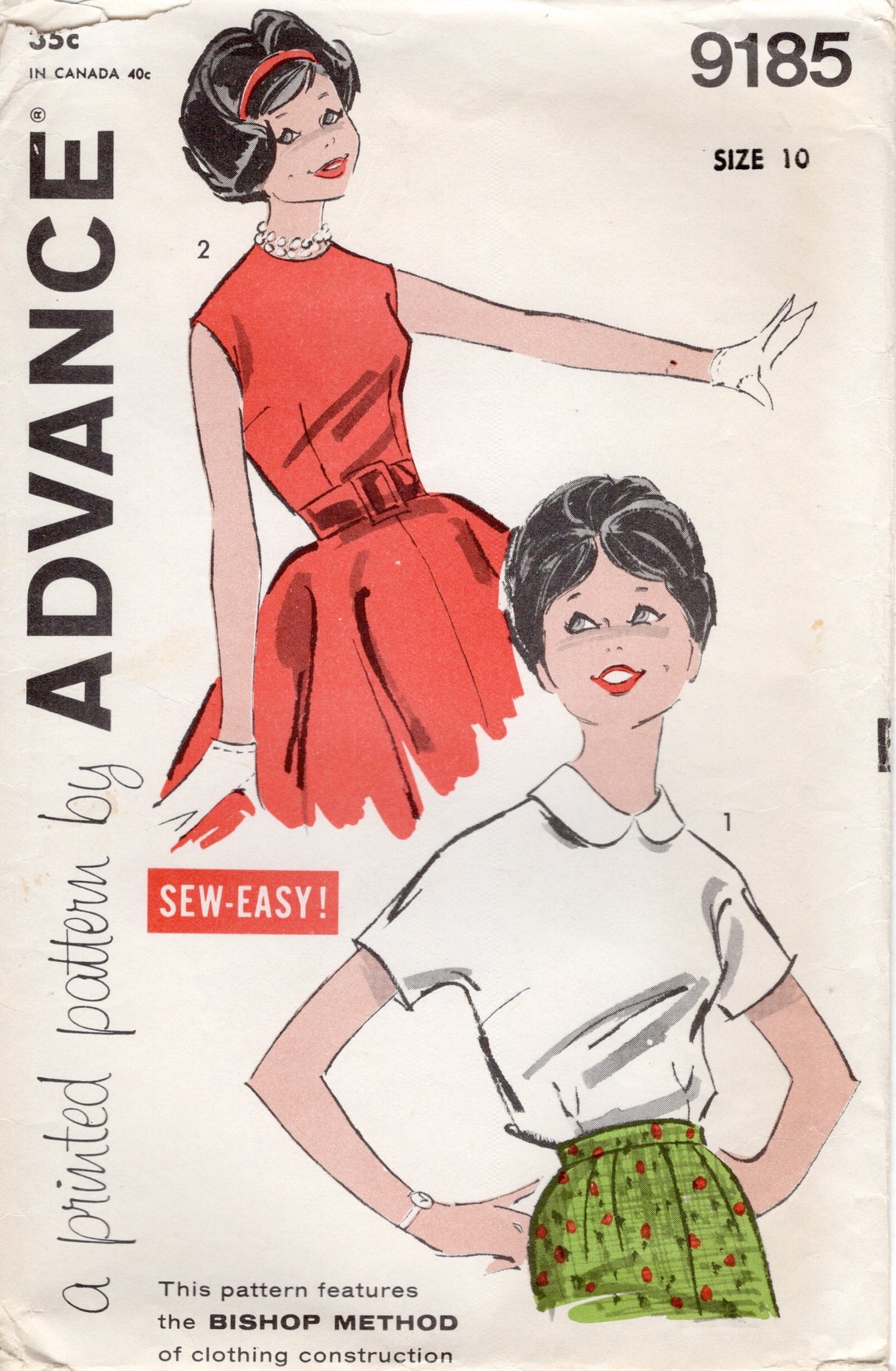 1950's Advance Blouse Pattern with Dolman Sleeve and Peter Pan Collar - Bust 30" - No. 9185