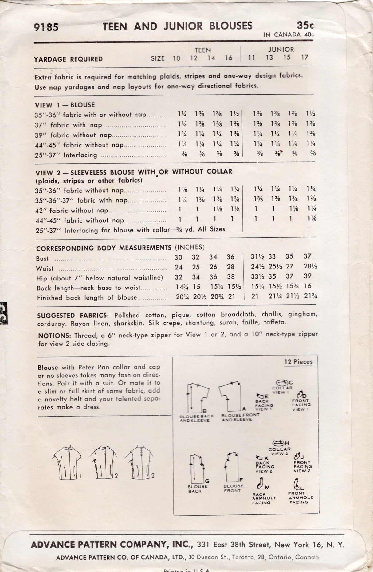 1950's Advance Blouse Pattern with Dolman Sleeve and Peter Pan Collar - Bust 30" - No. 9185