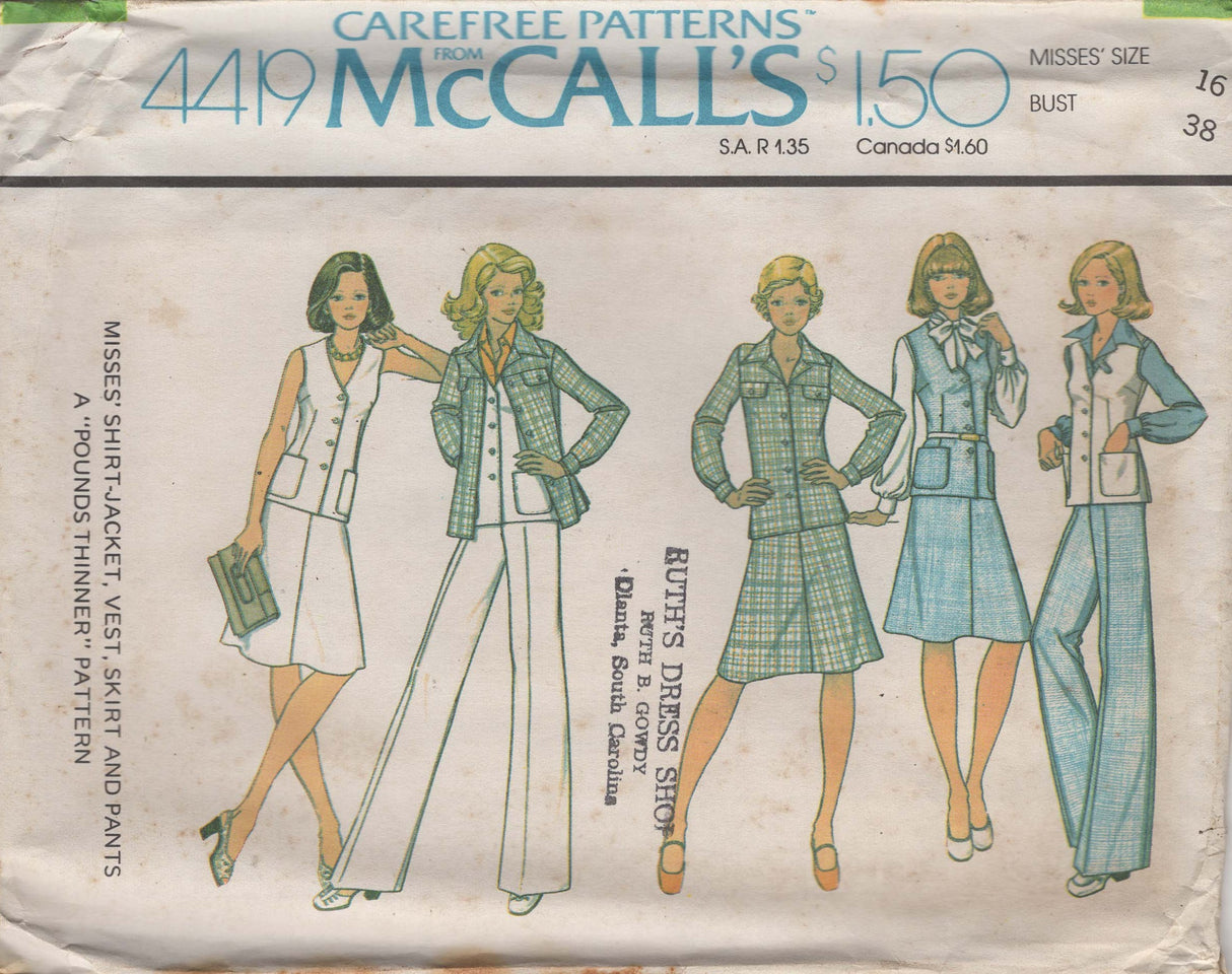 1970's McCall's Unlined Shirt-Jacket, Vest, Skirt and Pants Pattern - Bust 38" - No. 4419