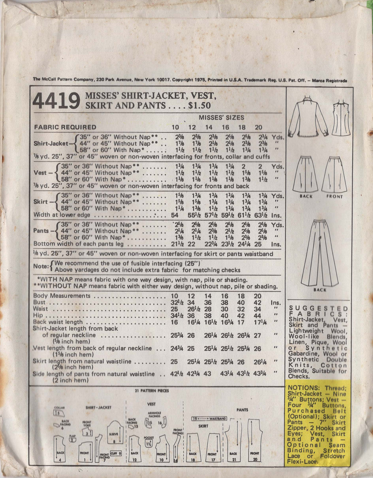 1970's McCall's Unlined Shirt-Jacket, Vest, Skirt and Pants Pattern - Bust 38" - No. 4419