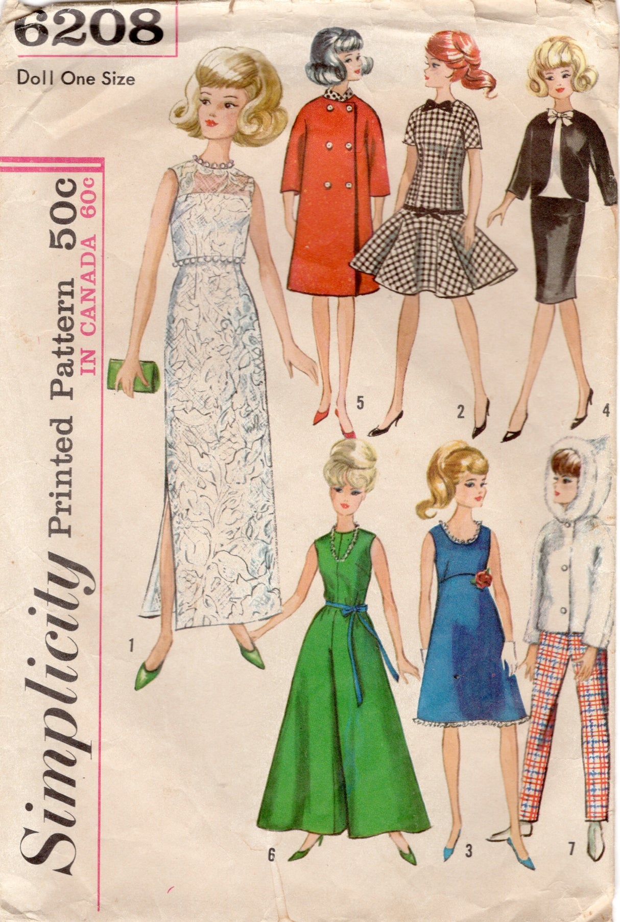 1960's Simplicity Hooded Coat, Jumpsuit, and Dress Doll Clothes pattern - 11.5" doll - No. 6208