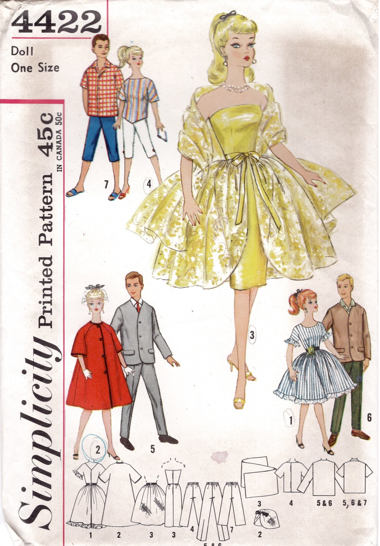 1960's Simplicity Cocktail Dress, Coat, Pants and Shirt Doll Clothes pattern - 11.5" doll - No. 4422