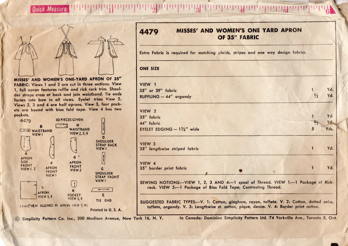 1950's Simplicity Full or Half Apron Patterns - One Size - No. 4479