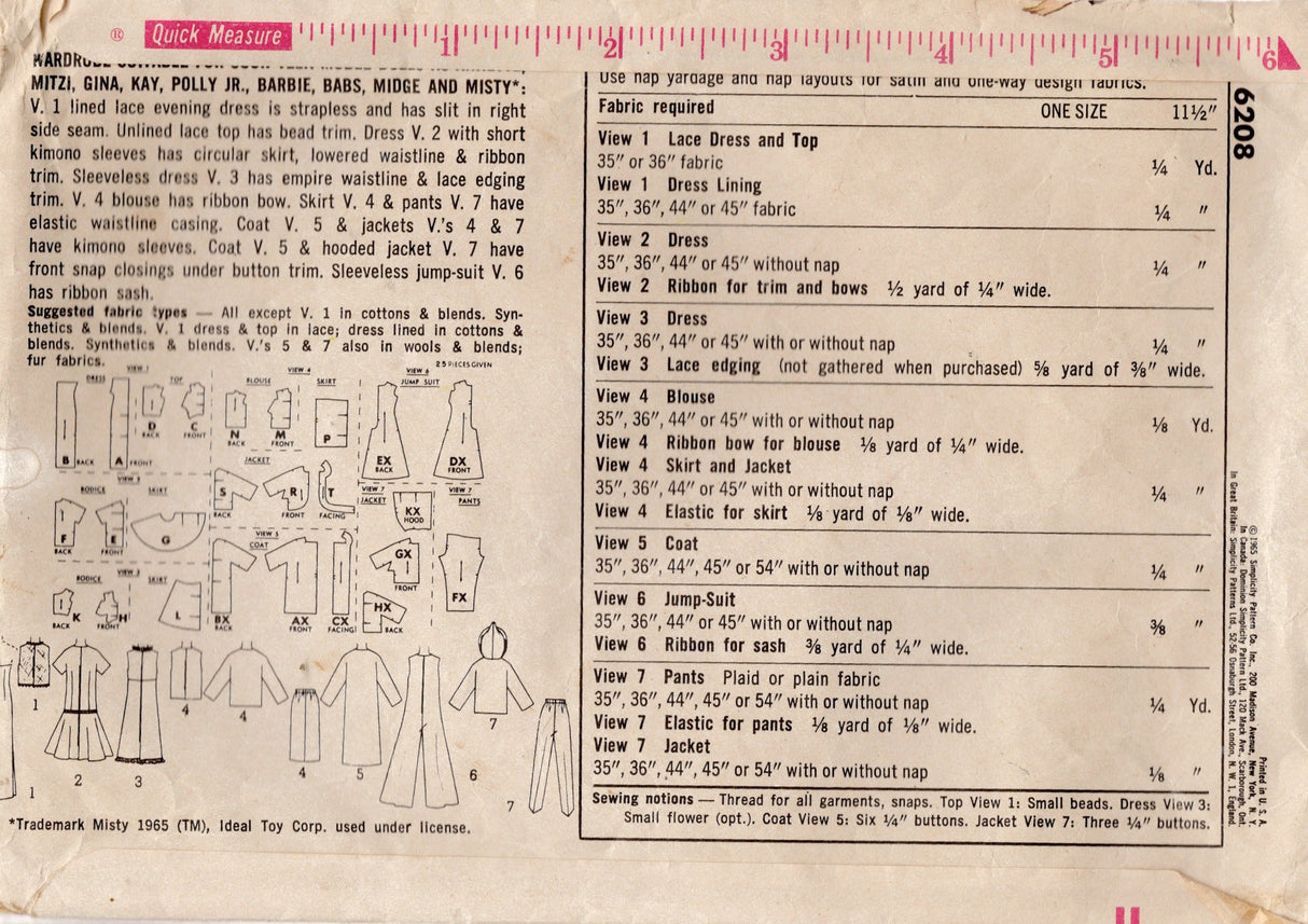 1960's Simplicity Hooded Coat, Jumpsuit, and Dress Doll Clothes pattern - 11.5" doll - No. 6208