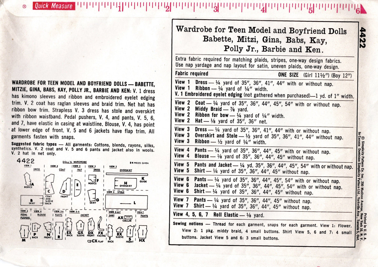 1960's Simplicity Cocktail Dress, Coat, Pants and Shirt Doll Clothes pattern - 11.5" doll - No. 4422