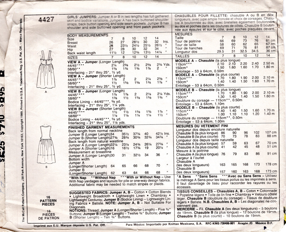 1980's McCall's Child's Jumper Dress Pattern in Two Styles - Chest 26" - No. 4427