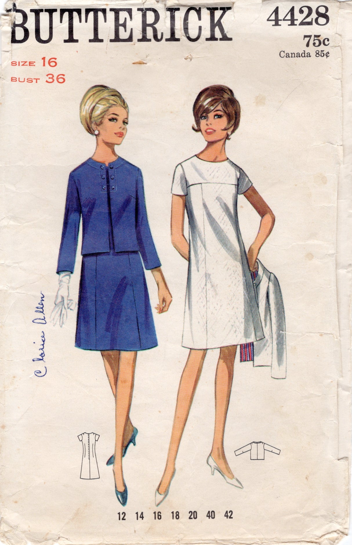 1960's Butterick Yoked Dress and jacket Pattern - Bust 36" - No. 4428