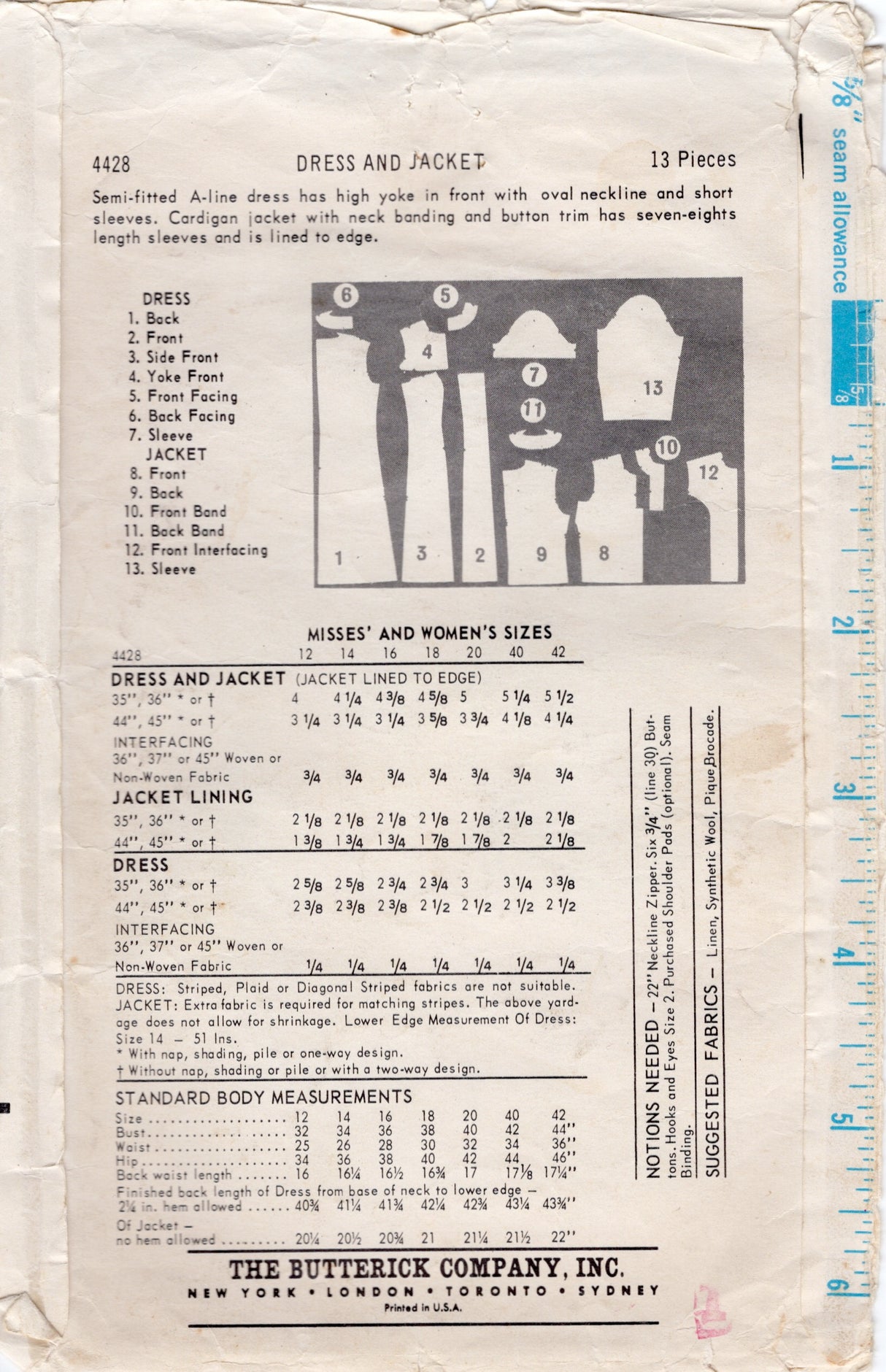 1960's Butterick Yoked Dress and jacket Pattern - Bust 36" - No. 4428