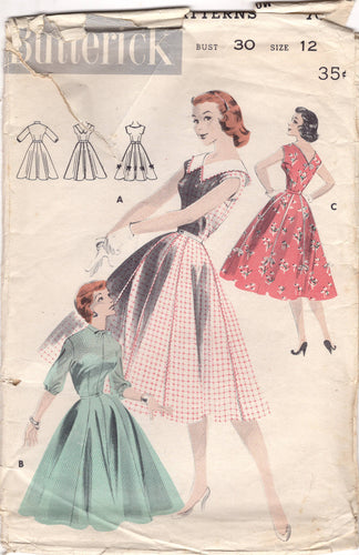 1950's Butterick One Piece Dress with 8 Gore Skirt - Bust 30