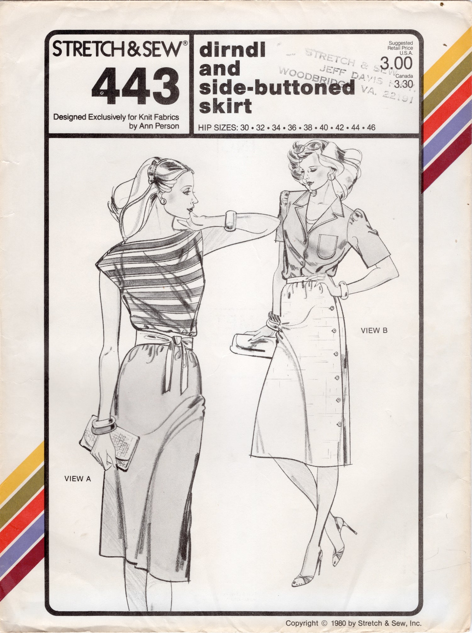 1980's Stretch & Sew Dirndl and Side Buttoned Skirts pattern - Waist 20-37" - No. 443