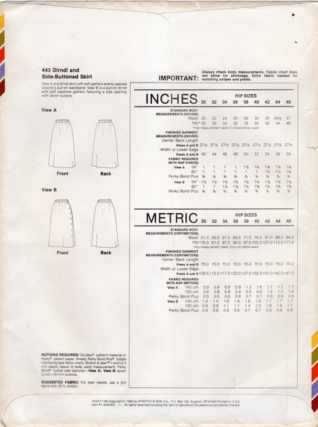 1980's Stretch & Sew Dirndl and Side Buttoned Skirts pattern - Waist 20-37" - No. 443