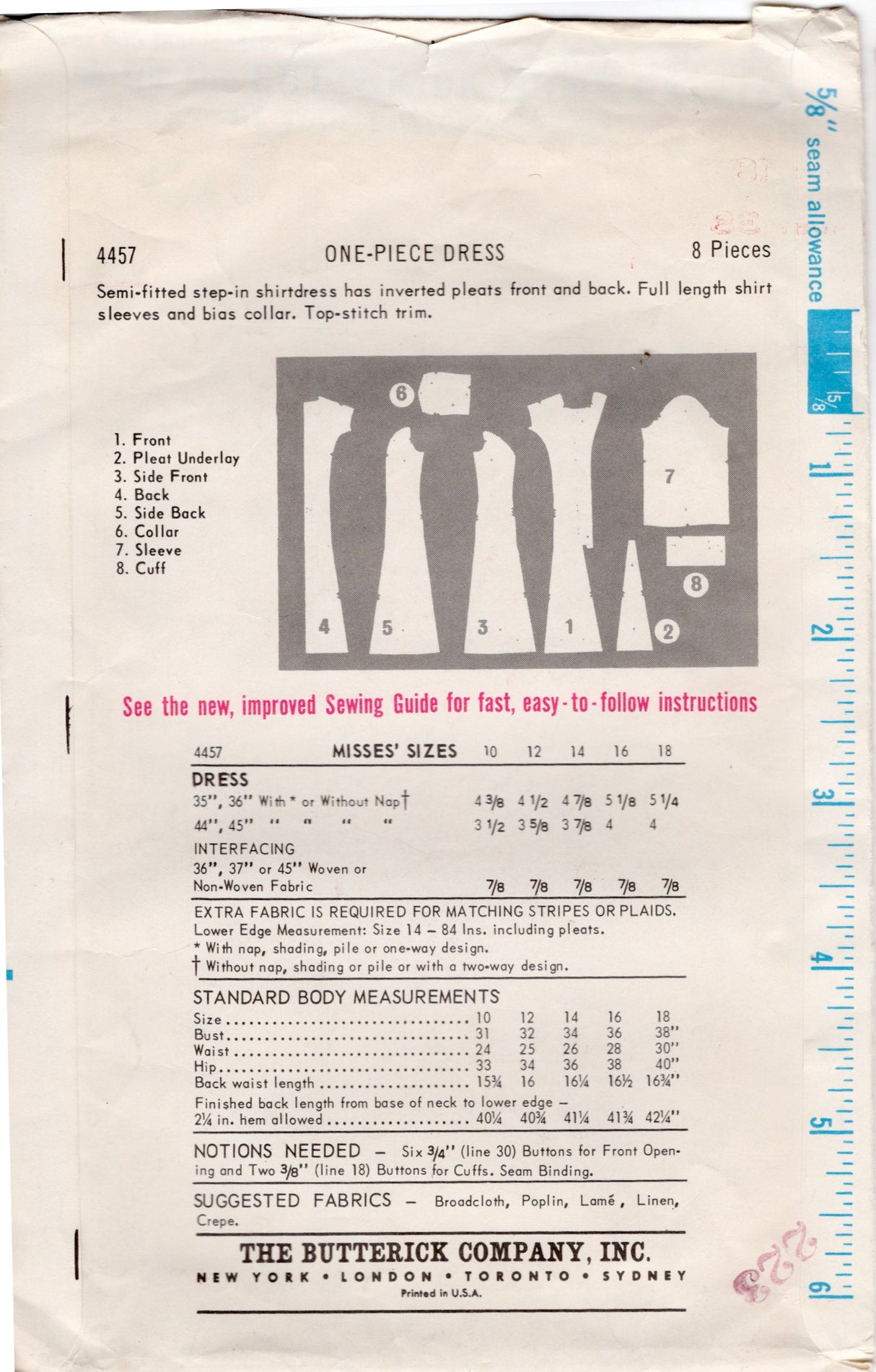 1960’s Butterick Prince Seam Button Front Dress Pattern - Bust 38" - No. 4457