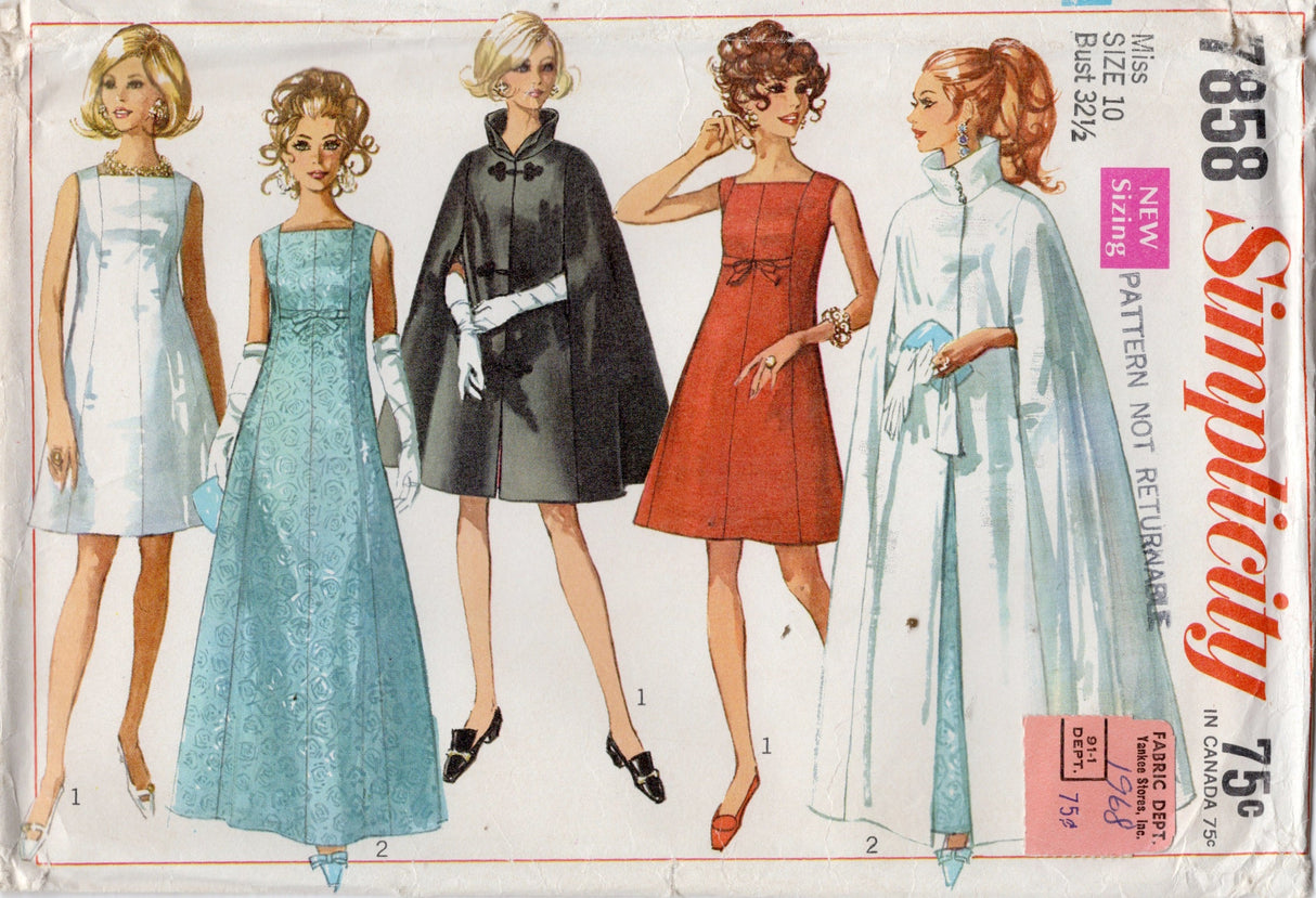 1960's Simplicity Princess line Dress and Cape in Two lengths Pattern - Bust 32.5" - No. 7858