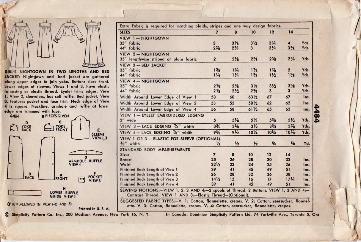 1950's Simplicity Child's Nightgown and Bed Jacket - Chest 30" - No. 4484