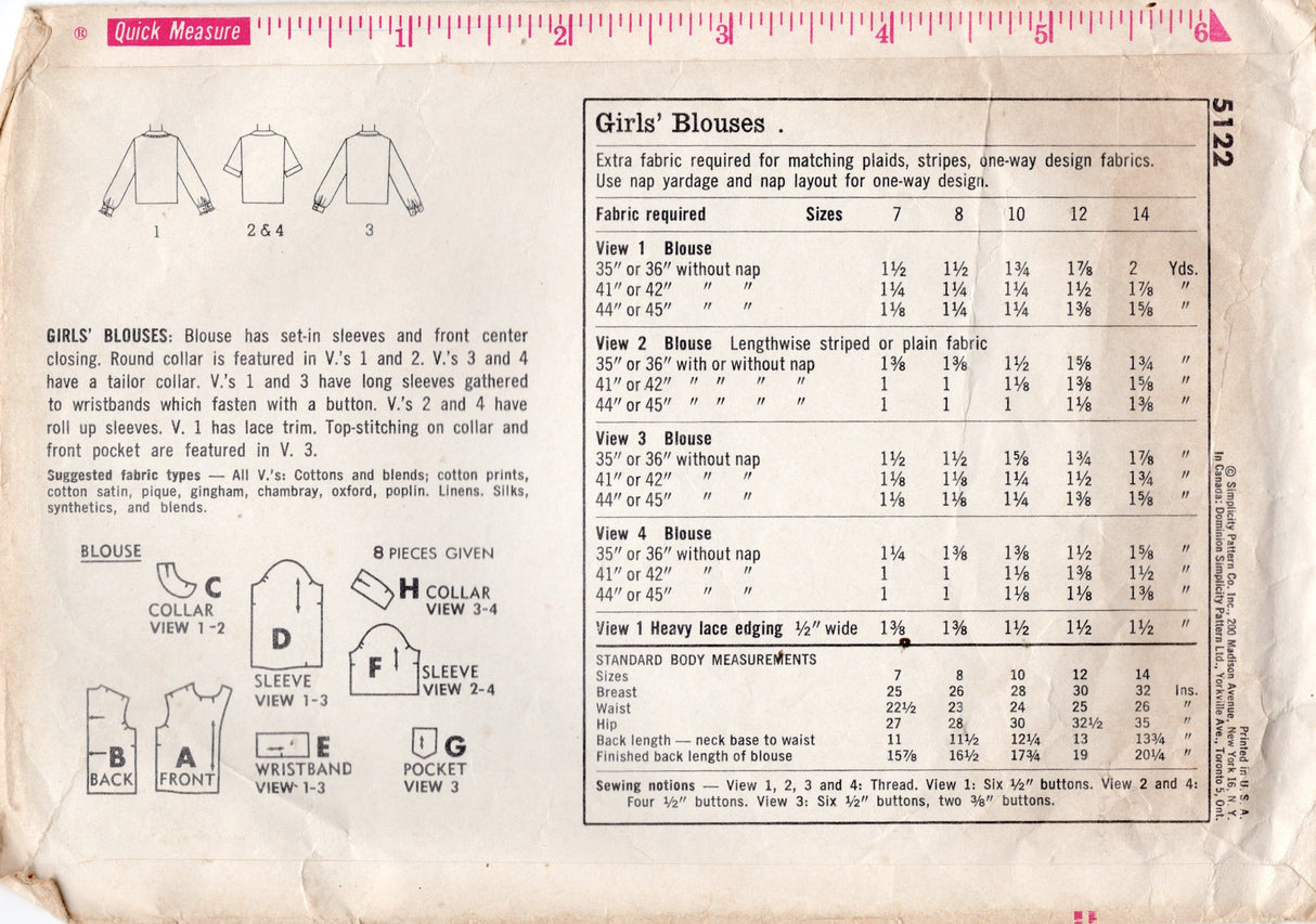 1960's Simplicity Child's Button Up Blouse Pattern - Chest 32" - No. 5122