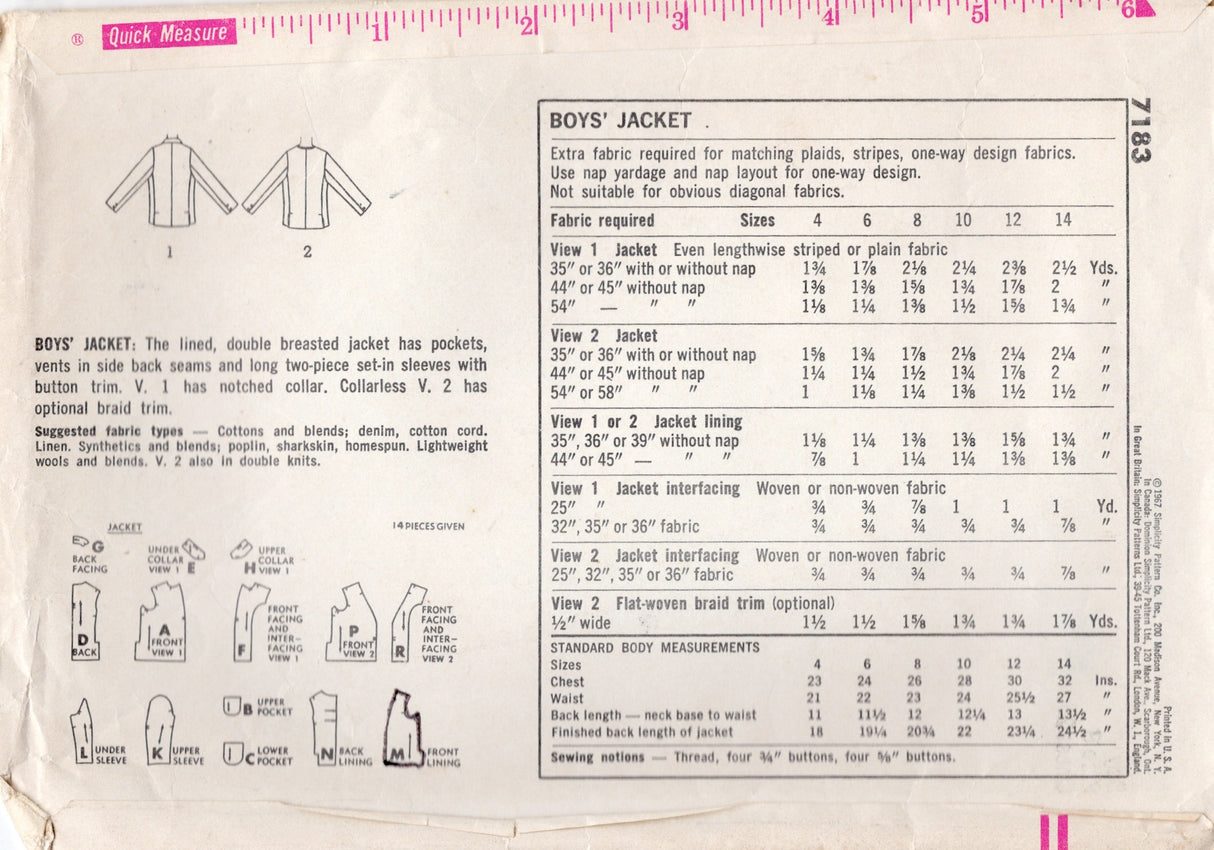 1960's Simplicity Child's Double Breasted Jacket pattern - Chest 26" - No. 7183
