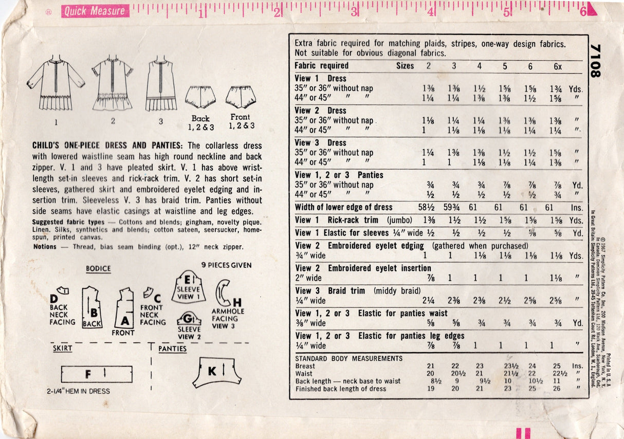 1960's Simplicity Child's Drop Waist Dress - Chest 23" - No. 7108