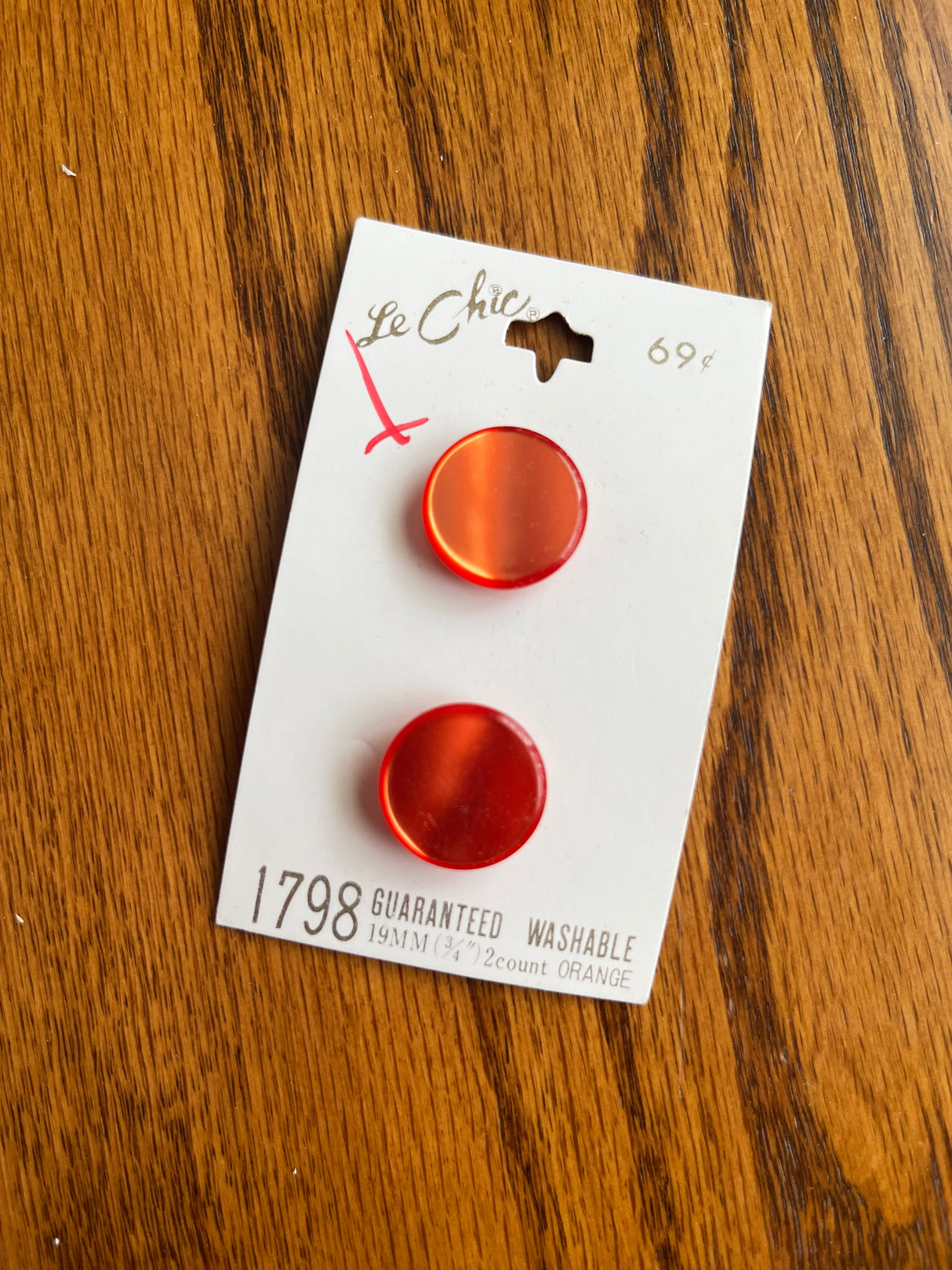 1980’s Le Chic Orange Pearlescent Plastic Shank Buttons - Set of 2 - 3/4” - on card