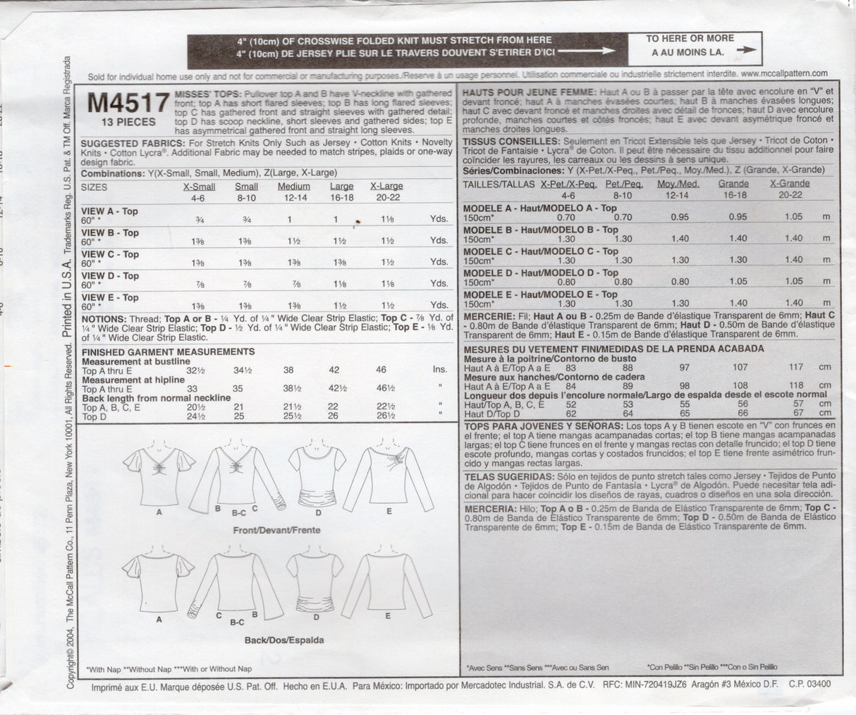 2000's McCall's Rouched Top in 5 Styles Pattern - Bust 38-44" - No. M4517