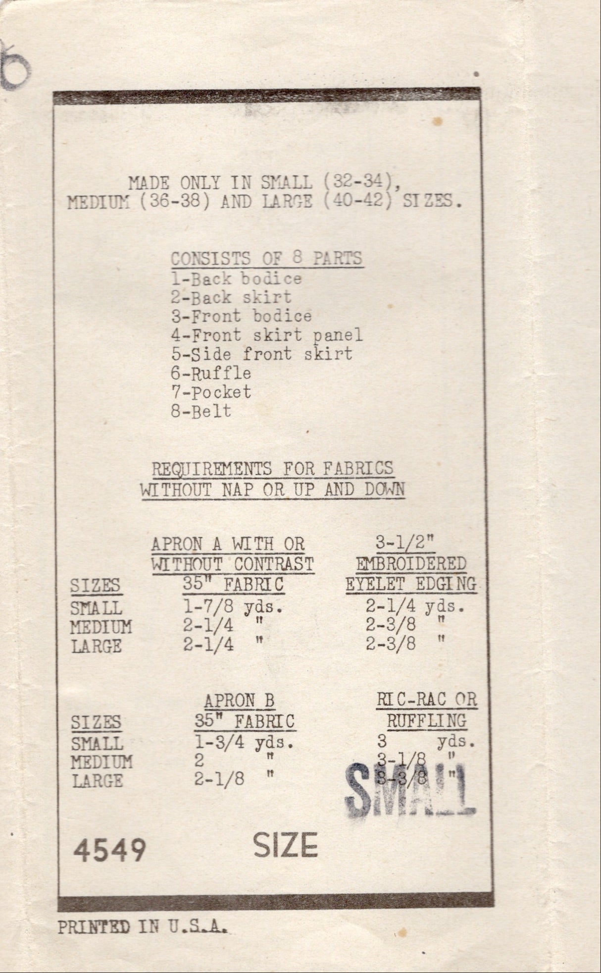 1940's Anne Adams Pinafore Apron Pattern - Bust 32-34" - No. 4549