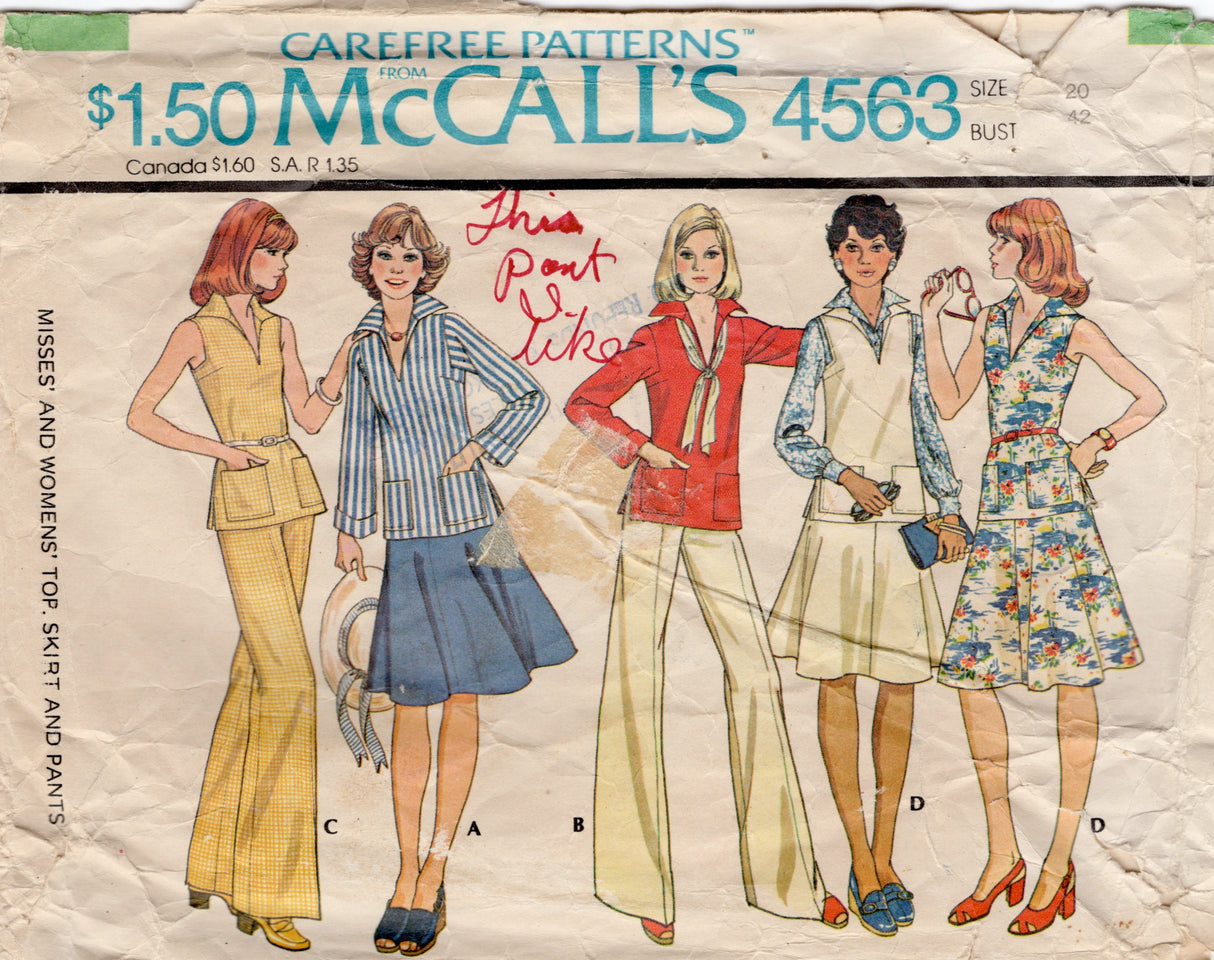 1970's McCall's Top with Large Collar, Flared Skirt, and Pants pattern - Bust 42" - No. 4563