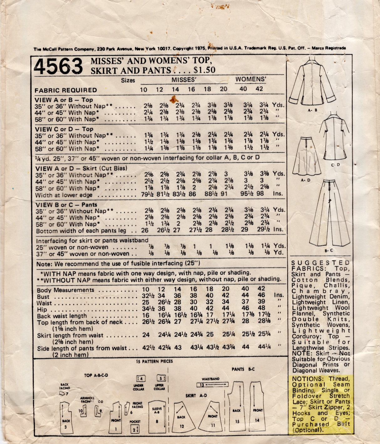 1970's McCall's Top with Large Collar, Flared Skirt, and Pants pattern - Bust 42" - No. 4563