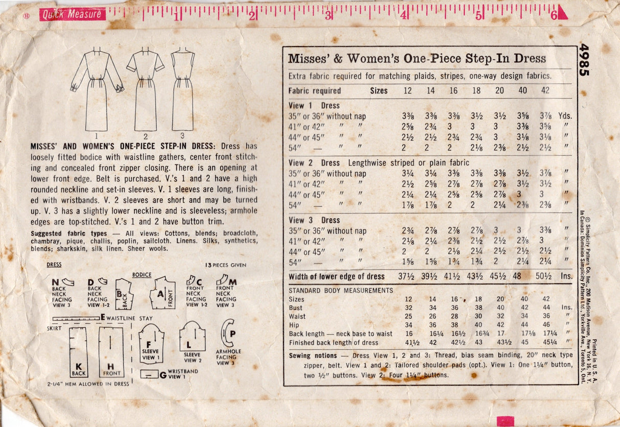 1960's Simplicity Sheath Dress Pattern - Bust 36" - No. 4965